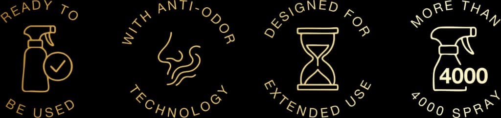 Икони: Ready to be used; With anti-odor technology; Designed for extended use; More than 4000 spray