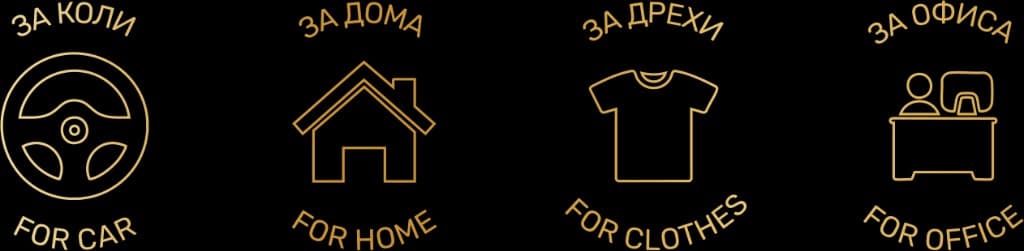 Икони: За коли — For car; За дома — For home; За дрехи — For clothes; За офиса — For office